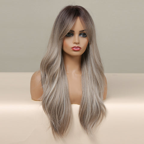 24 Inch Inch Long Ombre Gray With Middle Part Bang Wavy Curly Wig Heat Resistant Synthetic Wig For Women Natural Comfortable Fashion Party Diy Daily LC457-1