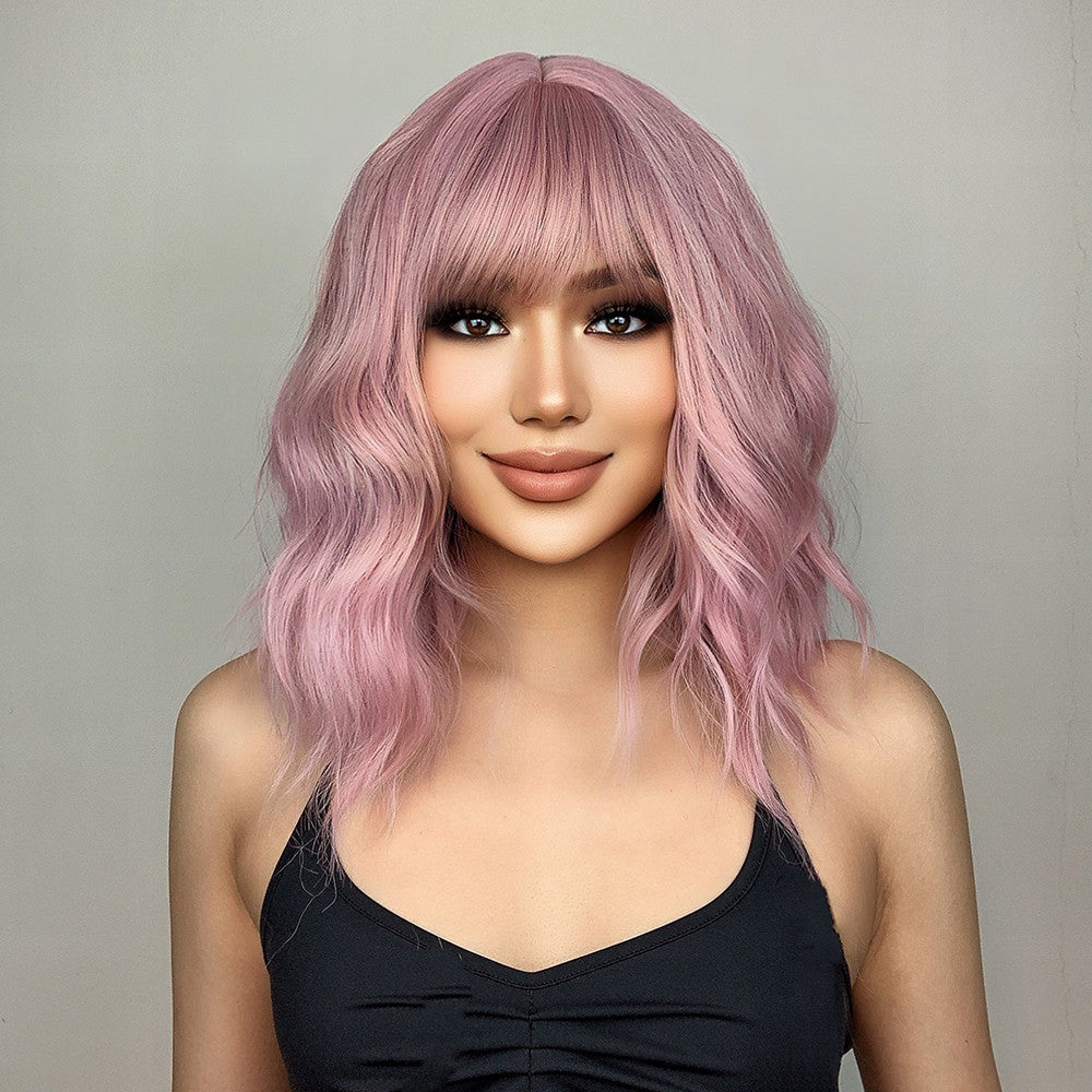 Us Only) DWY WIGS 14 Inch Short Pink Wavy Curly Wig with Bang