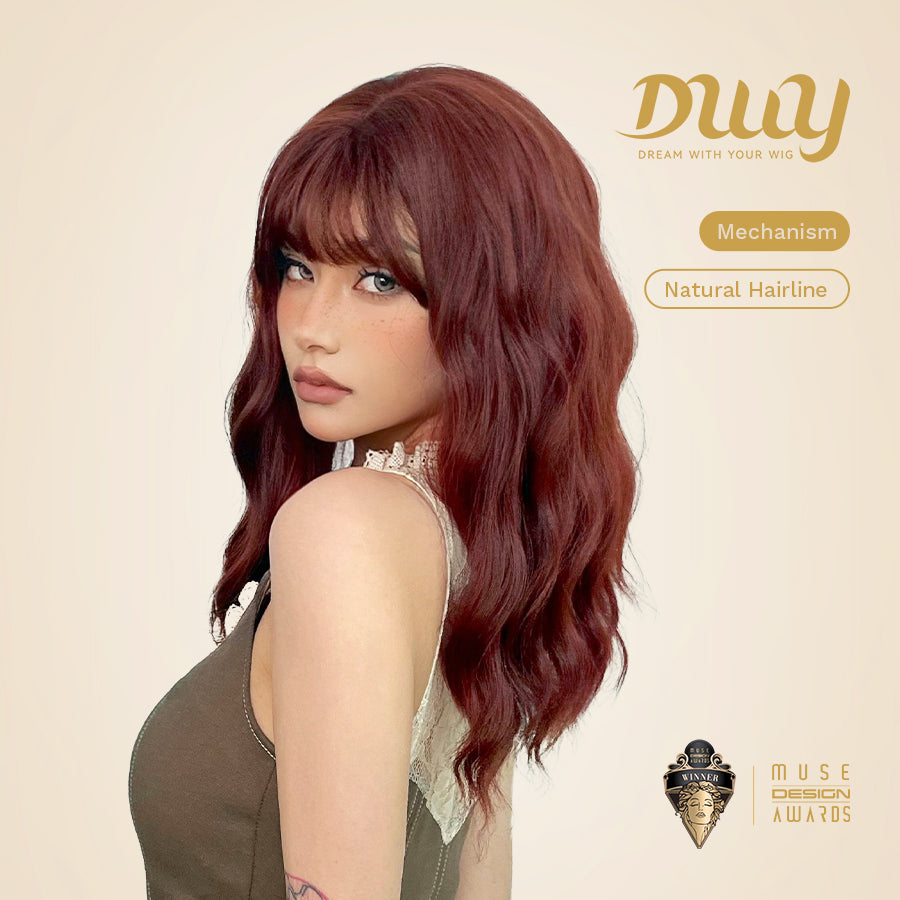 Catalina-DWY Machine Made Dark Red Wavy Bob wigs Glueless  Synthetic  Wig for Women 16  Inches