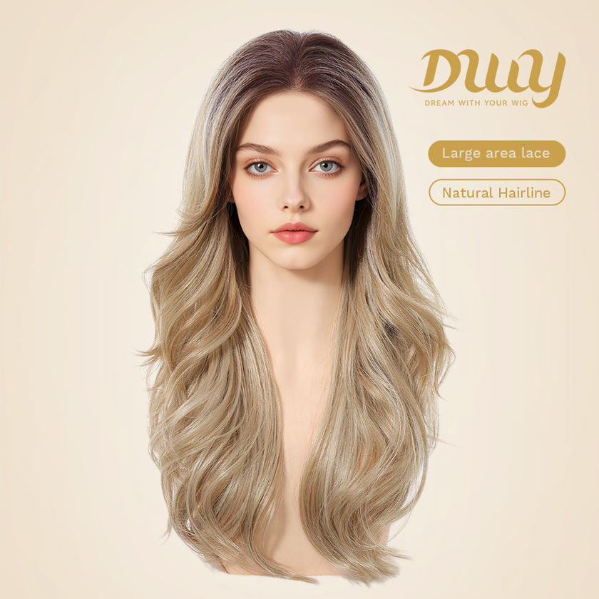 Barbara-DWY 13x4 Filter Lace Front Free Part Long-Length Wavy Blonde with Dark Roots Glueless Synthetic Wig