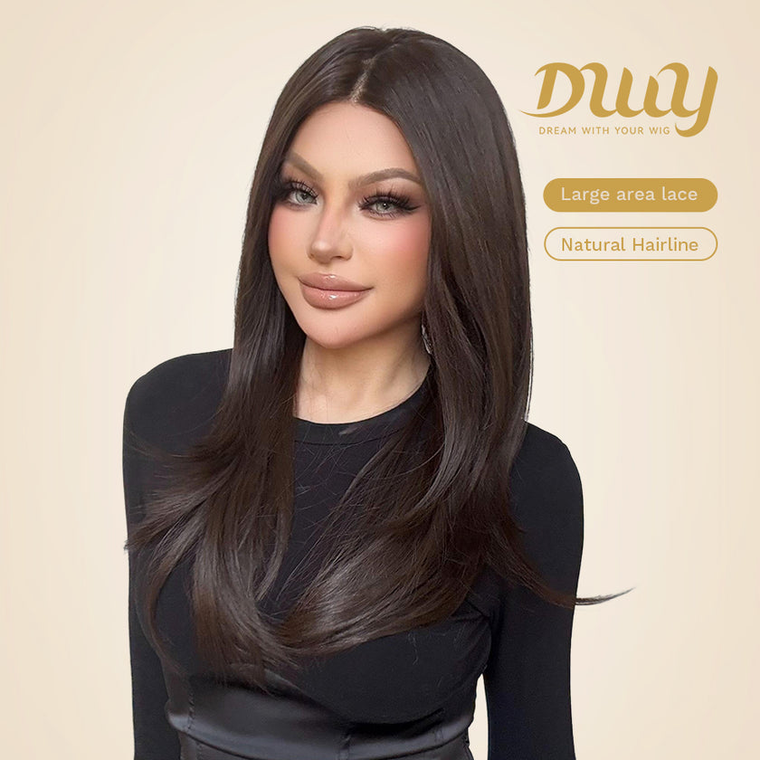 Billie-DWY 13×6 Lace Front Free Part Long Straight Dark Brown Glueless Synthetic Wig