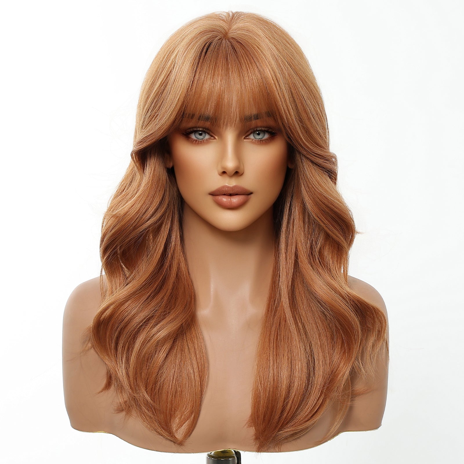 Rina-DWY Machine Made Mid-length Wavy Hairstyle Auburn with Blunt Bangs Glueless Synthetic Wig for Women 18 Inches
