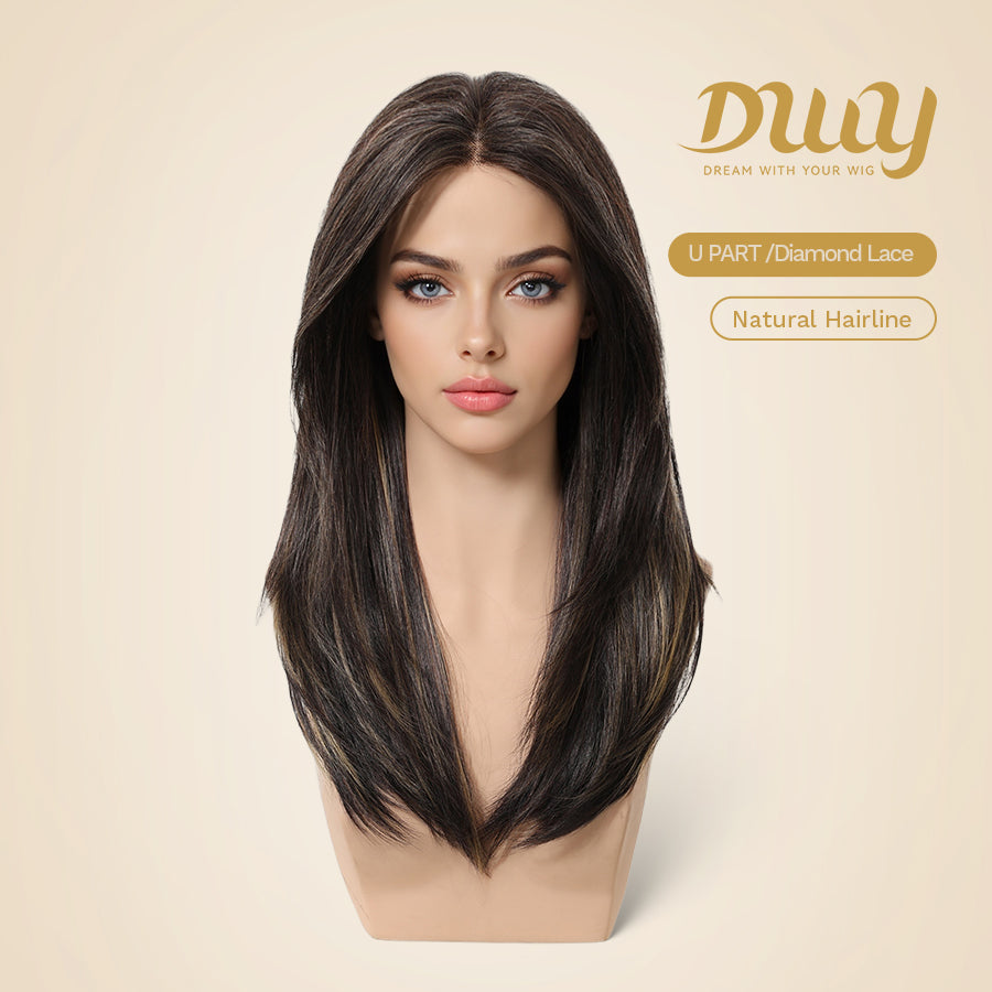 Willa- NEW! DWY Pre-cut U part Diamond Lace Long-length Lace Icy Bronde Highlighted Layer-cut Curly Hair Glueless Synthetic Wigs for Women 22 Inch