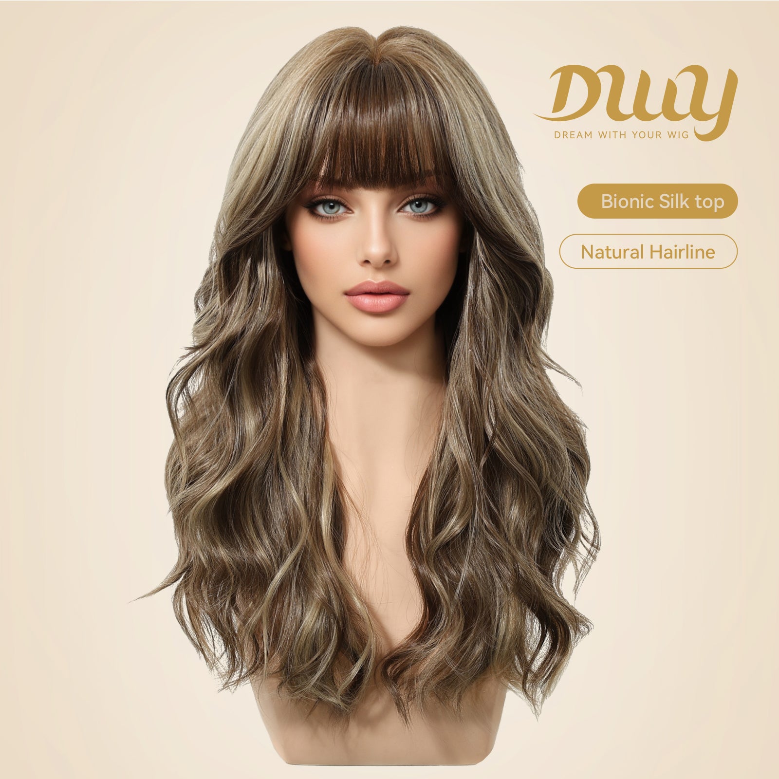 Nati C-DWY New Technology! Bionic Silk Top Mix Honey Bronde 22-Inch Long Wave Glueless Synthetic Wig