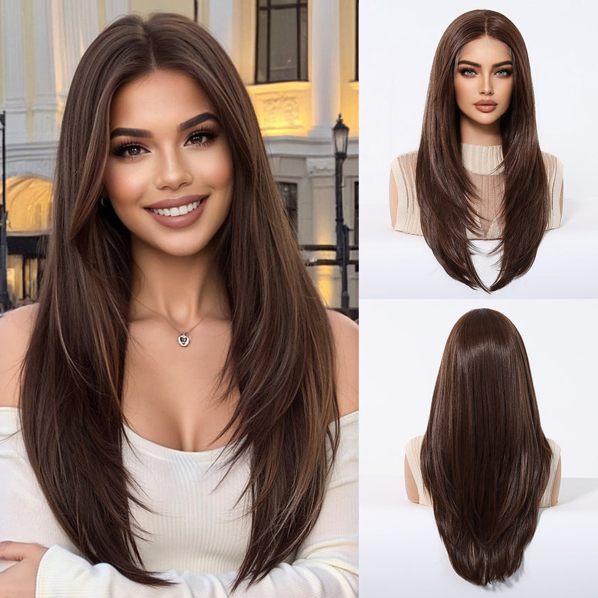 (Us Only)DWY 13*6 Free Part 24 Inch Long Straight Natural Brown Wig