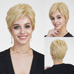A three-panel studio composite photograph of the same woman against a plain grey background. The large left panel and top-right panel show her smiling and facing forward, modeling a short, layered blonde pixie cut wig with darker roots. She wears a black cardigan and gold jewelry. The bottom-right panel shows the back of the wig, highlighting the short, stacked layers and dimensional blonde tones. The lighting is even and soft across all views.