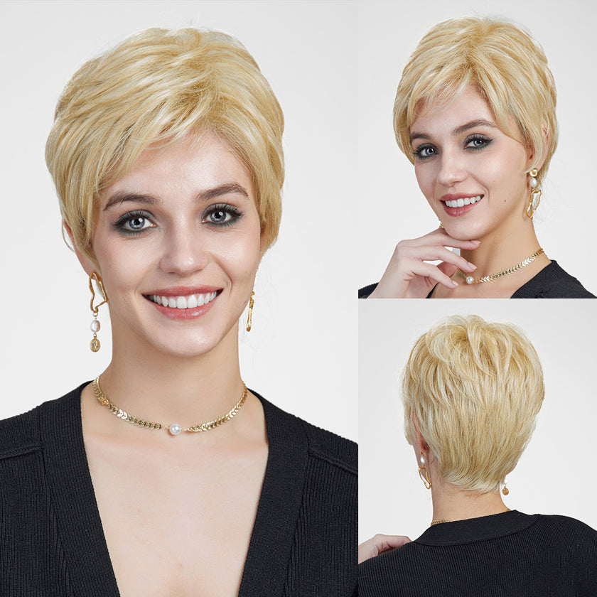A three-panel studio composite photograph of the same woman against a plain grey background. The large left panel and top-right panel show her smiling and facing forward, modeling a short, layered blonde pixie cut wig with darker roots. She wears a black cardigan and gold jewelry. The bottom-right panel shows the back of the wig, highlighting the short, stacked layers and dimensional blonde tones. The lighting is even and soft across all views.