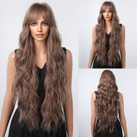 32 Inch Long Curly Brown Wigs with Bangs Synthetic Wigs for Women Daily Use Party or Cosplay LC1061-1