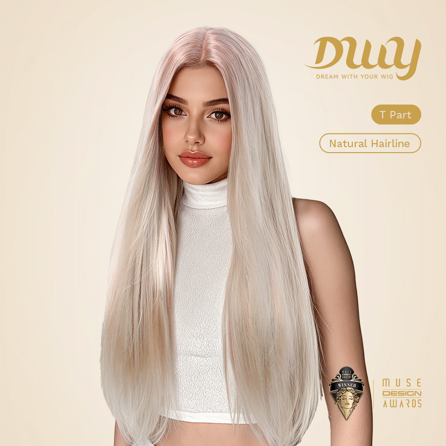 [CLEARANCE SALE] Aisha-DWY T Part Lace Front Pink Blonde Long Straight Glueless Synthetic Wig for Women 28 Inches