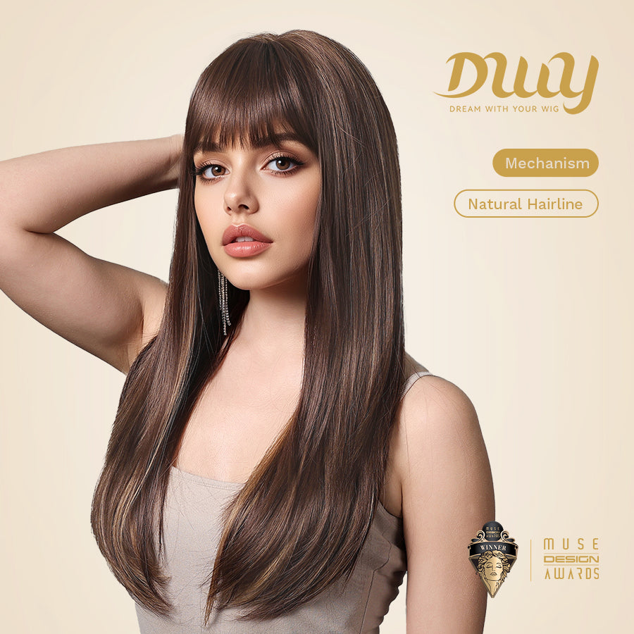 Tara-DWY Machine Made Long Silky Straight Chocolate Brown with Highlights with Bangs Glueless Synthetic Wig for Women 26 Inches