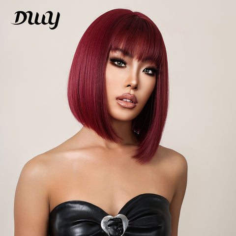 12 Inches Short Straight Wine Red Bobo Wigs Synthetic Fiber Wigs Women's Wigs Daily Use for Party or Cosplay Photos LC2071-1