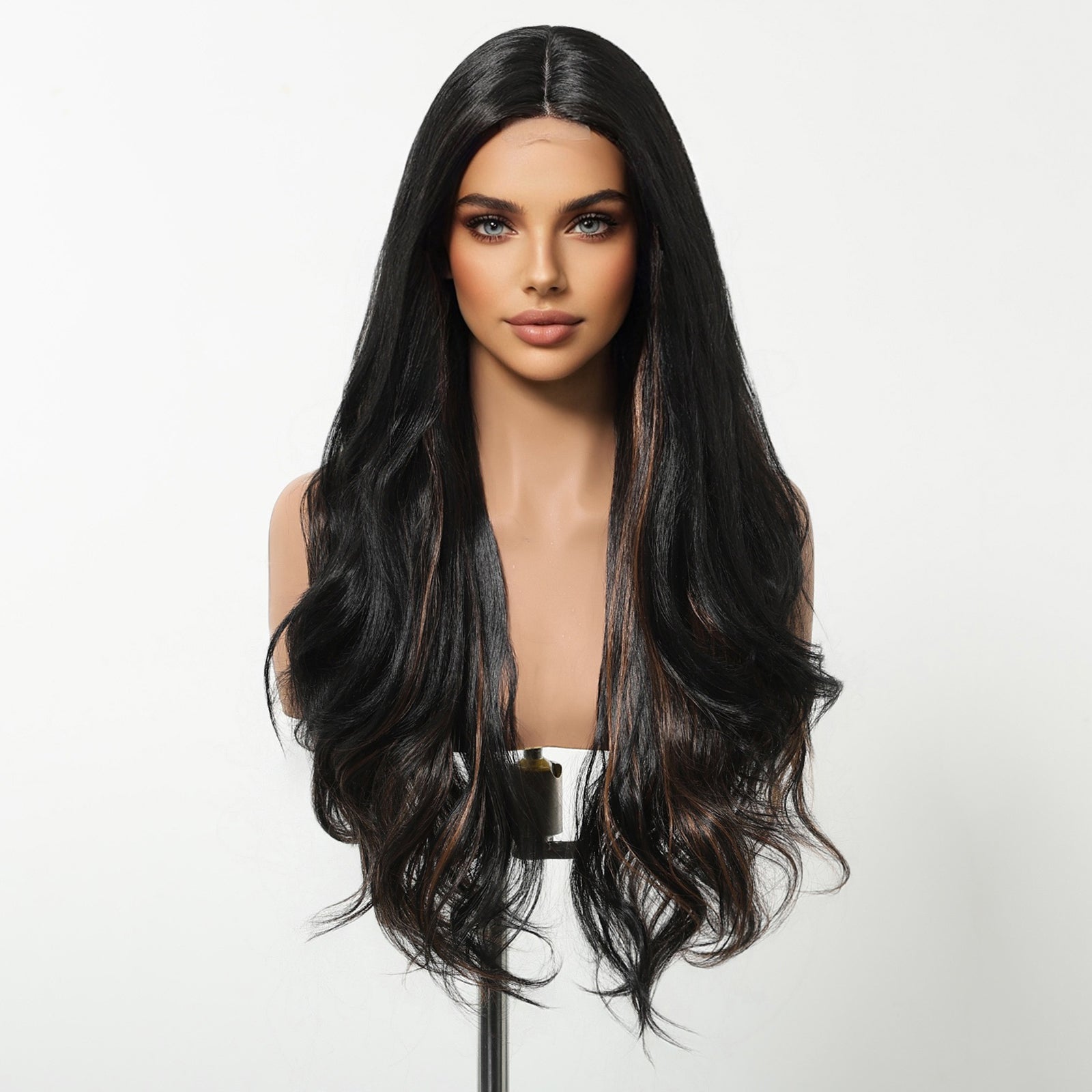 DWY Money Piece Brown Long Natural Wavy Synthetic Wig