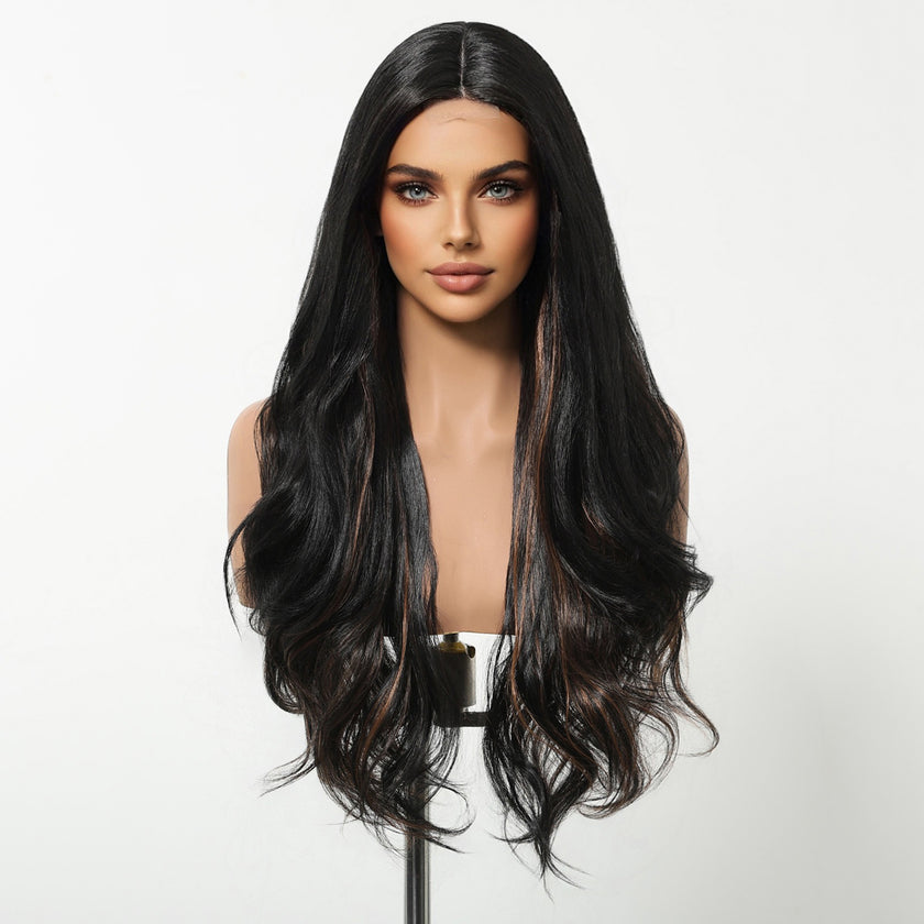 DWY Money Piece Brown Long Natural Wavy Synthetic Wig