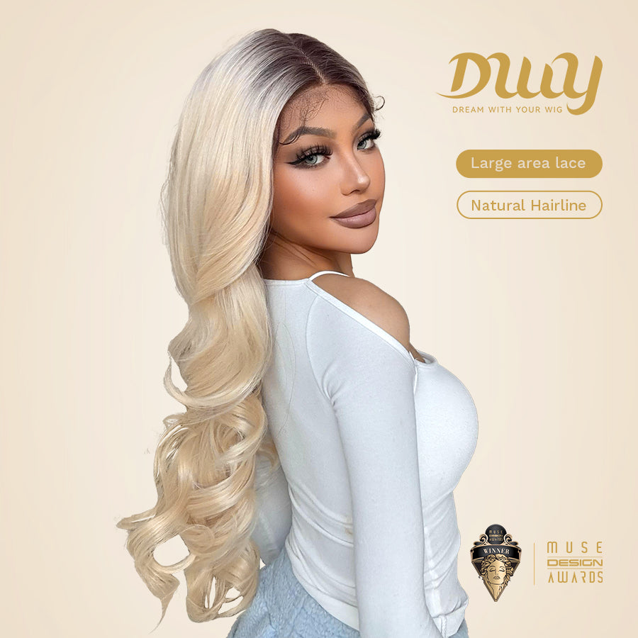 Diva-DWY Lace Front 13×6 Brunette Rooted Blonde Free Part Curly Tresses Synthetic Wig