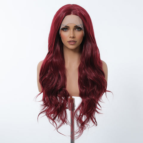 【Early Black Friday】Dwy Red Long Middle Lace Parting Wavy Synthetic Wig