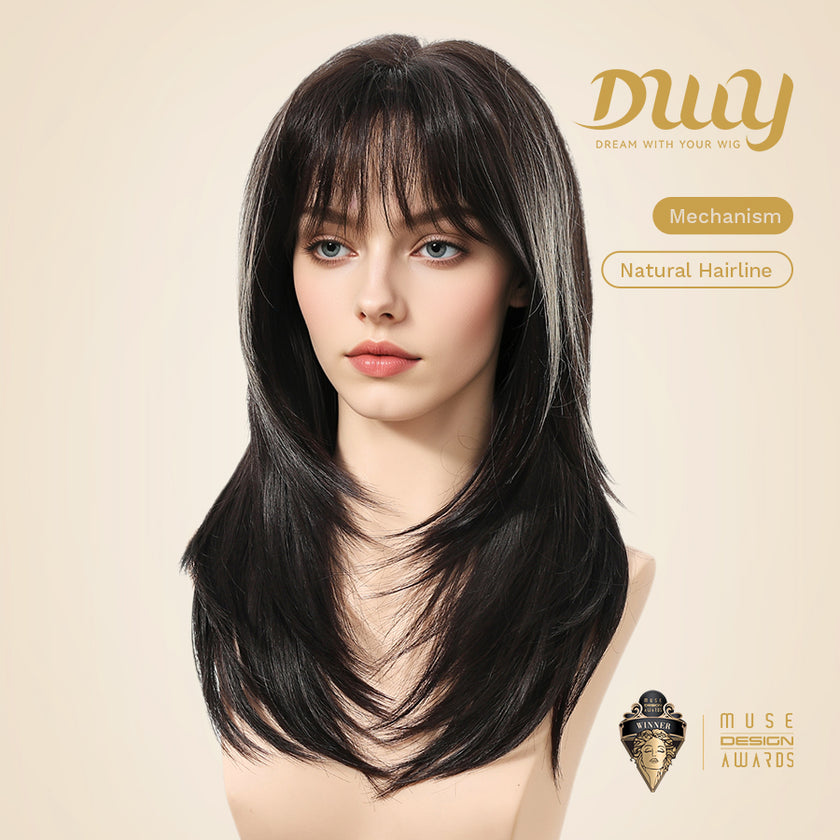 Cressida-DWY Straight Layer-cut with White Highlights and Bangs Glueless Synthetic Wig