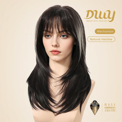 DWY Cressida-DWY Straight Layer-cut with White Highlights and Bangs Glueless Synthetic Wig