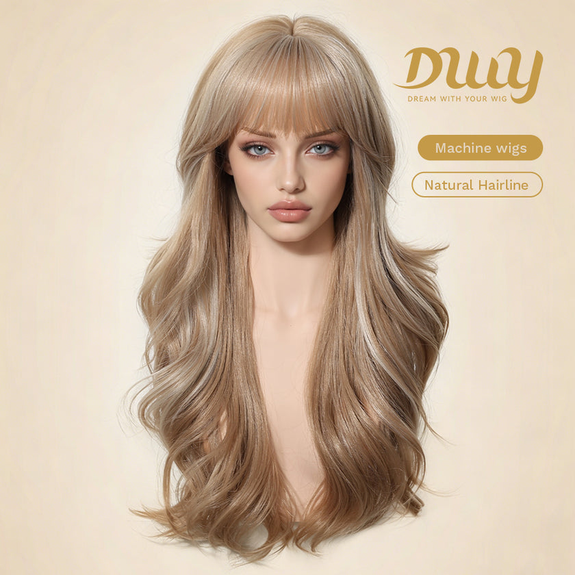 Cassie - DWY Long Wave Milk Tea Blonde Highlights Glueless Synthetic Wig with Bangs for Women 26 Inches Premium Quality Convenient Wigs