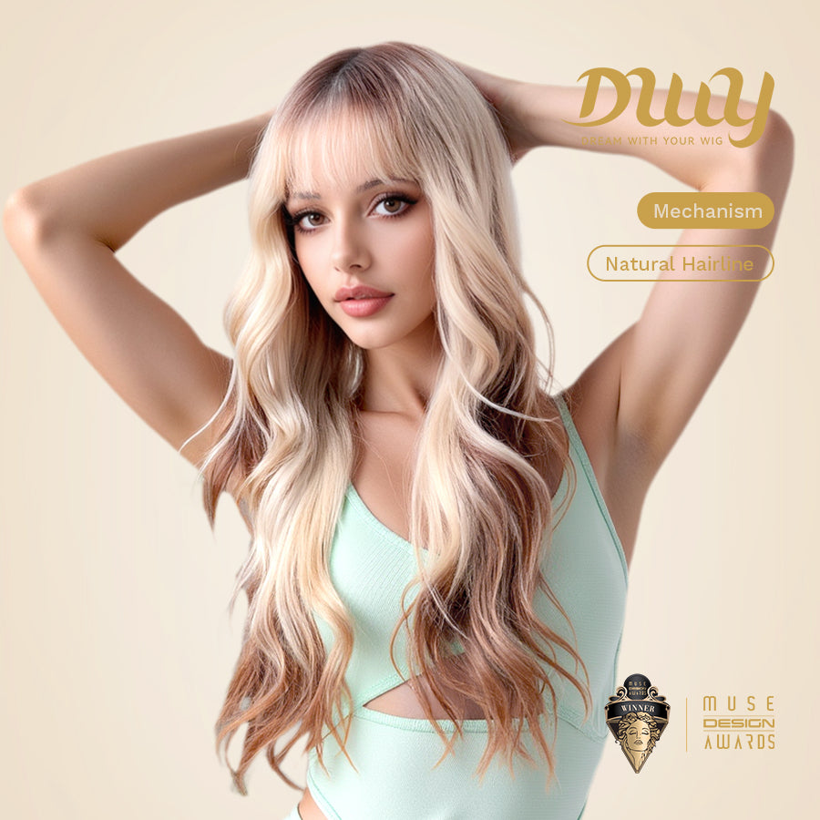 Kacey-DWY 28-Inch Long MiraScalp Wavy Ombre Blonde and Brown Wig with Bangs