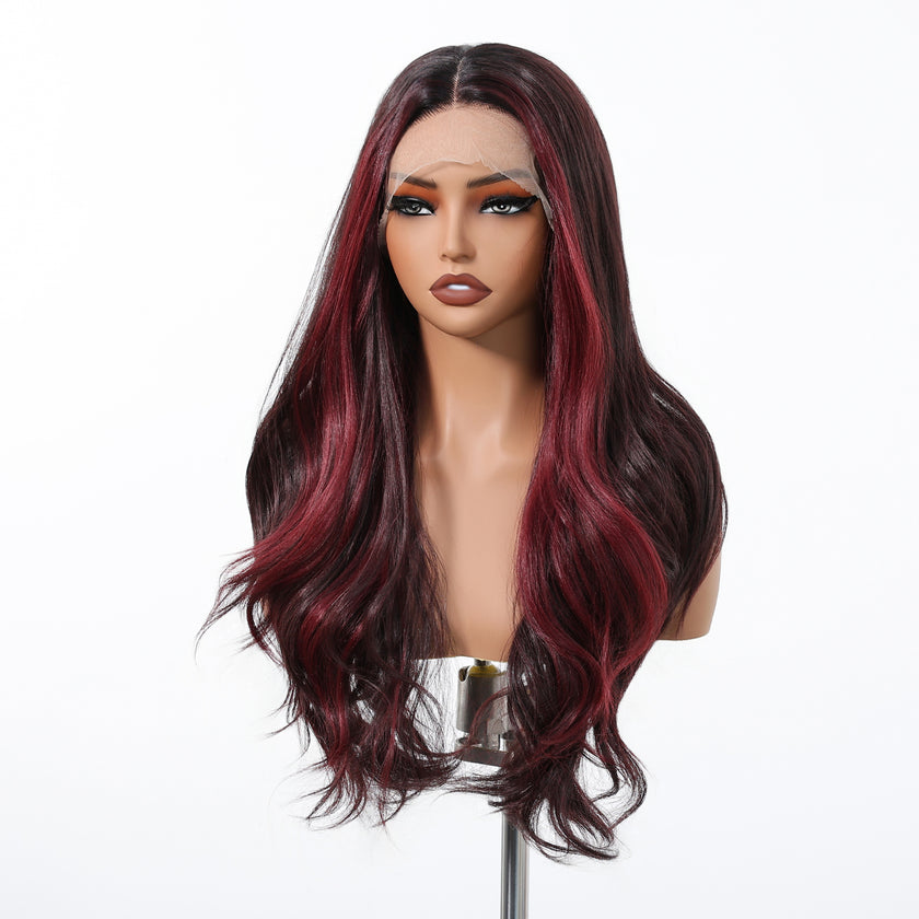 DWY Long Dark Red Lace Front Mixed Burgundy Natural Black Wave Hand Tied Middle Part Natural Synthetic Wig