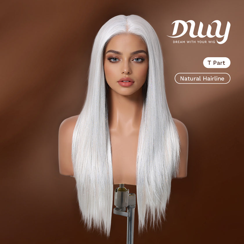 DWY Lace Front Middle Part Long-Length Straight White Glueless Synthetic Wig