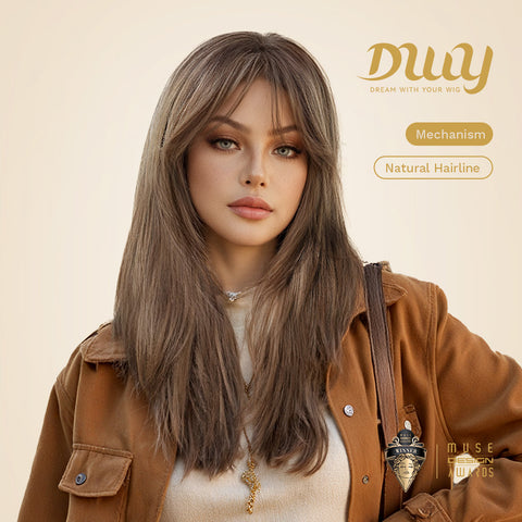 Elowen-DWY Middle Length  Sandy Brown Layer Cut Glueless Synthetic Wig