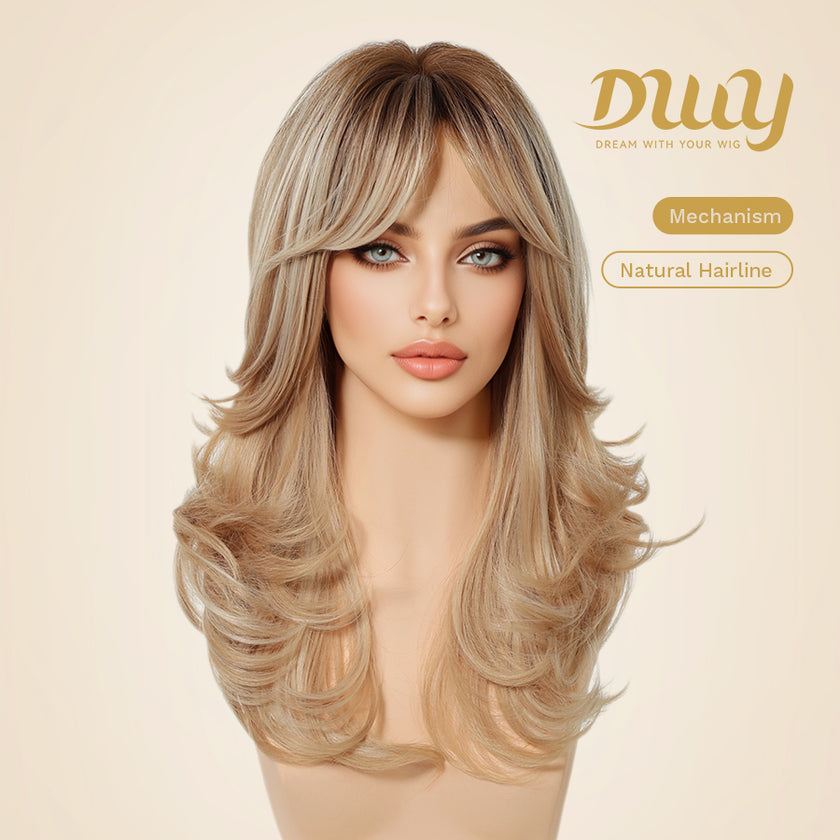 Fallon-DWY Machine Made Middle Part Long Wavy Rooted Light Blonde Glueless Synthetic Wig with Side Bangs for Women 22 Inchess