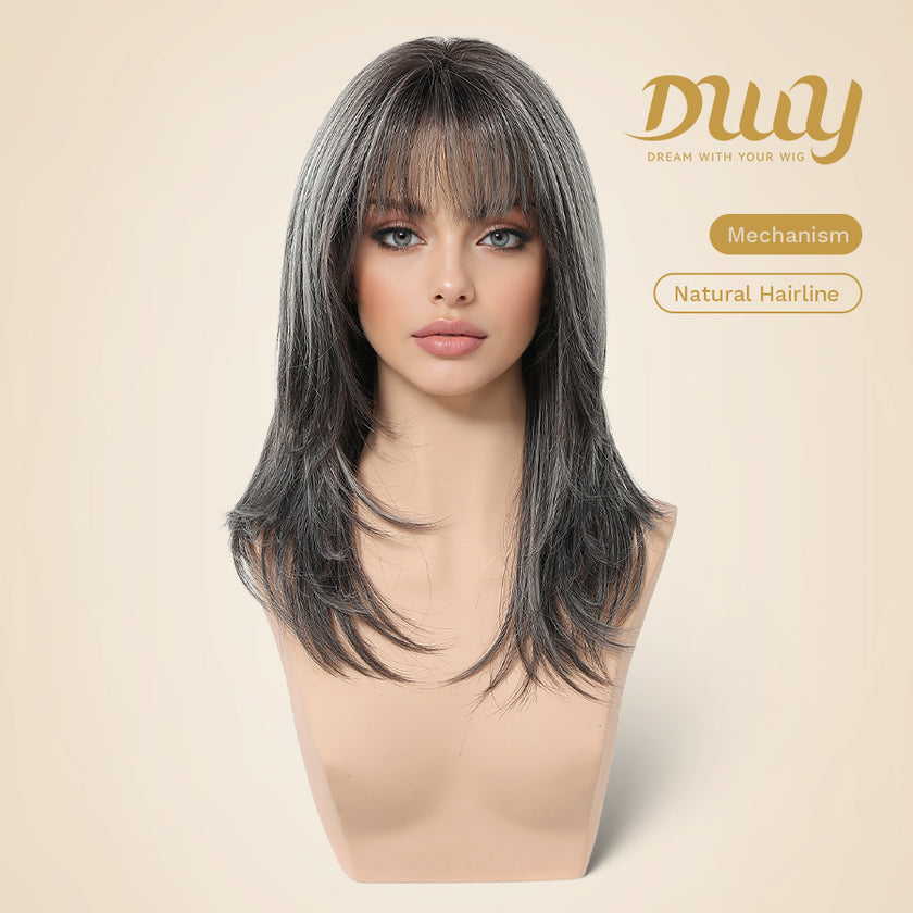 Ember-DWY 18-Inch MiraScalp Mid-Length Straight Grey Black Wig