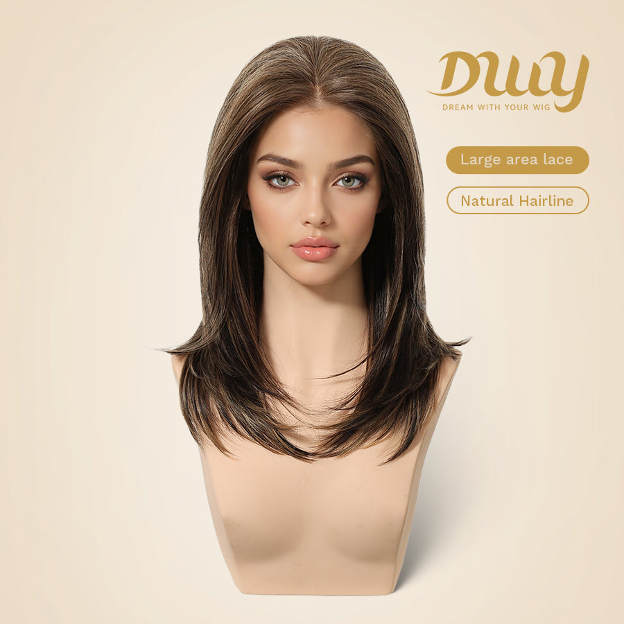 Fable-DWY 13×4 Lace Front Free Part Mid-Length Layer-cut Straight Brown with Highlights Glueless Synthetic Wig for Women 18 Inches
