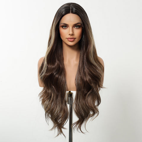【Early Black Friday】Dwy Lace Front Natural Highlighted Brown Wavy Synthetic Wig