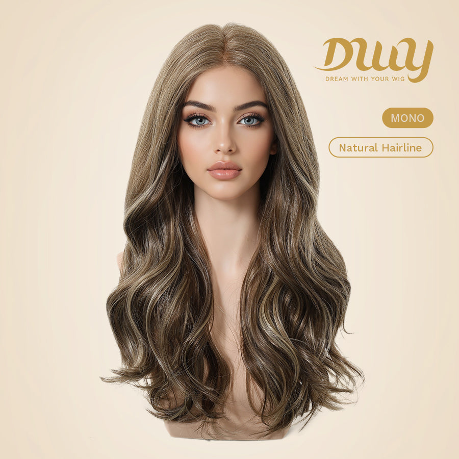 Skylar-DWY Mono Lace Front Free Part Long-Length Curly Brown with Highlights Glueless Synthetic Wig for Women 20 Inches