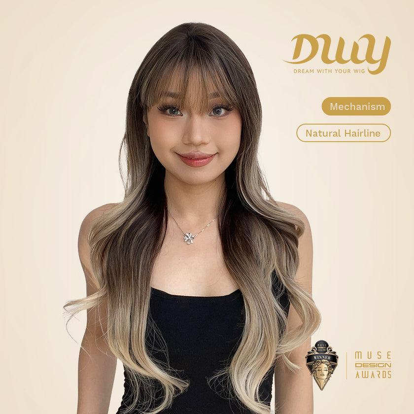 Josely-DWY Machine Made Long Wavy Hairstyle with Blunt Bangs Dark Brown to Light Blonde Ombre Glueless Synthetic Wig for Women 28 Inches