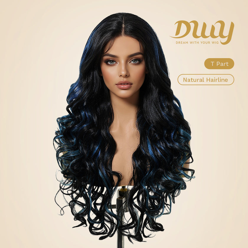 DWY 26-Inch Long Black Wavy Wig with Blue Highlights – Synthetic Heat-Resistant Curly Wig for Stylish Daily Wear and Parties HC11140-1