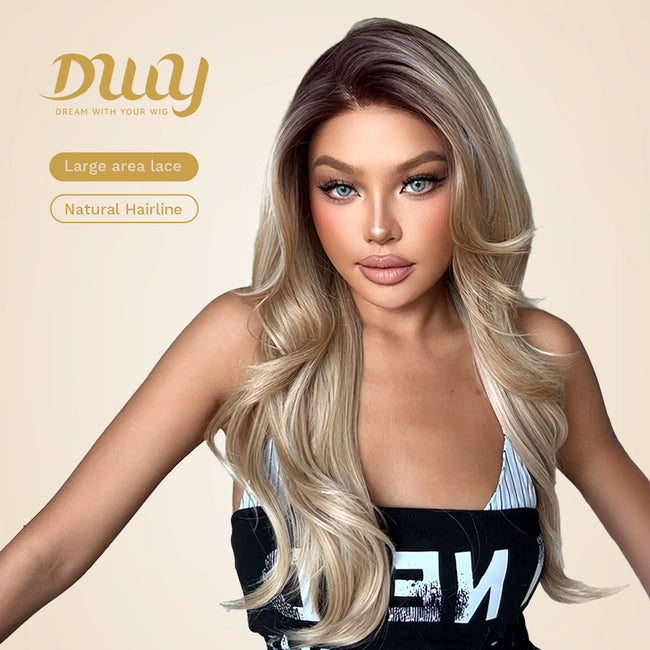 DWY Barbara-DWY 13x4 Filter Lace Front Free Part Long-Length Wavy Blonde with Dark Roots Glueless Synthetic Wig