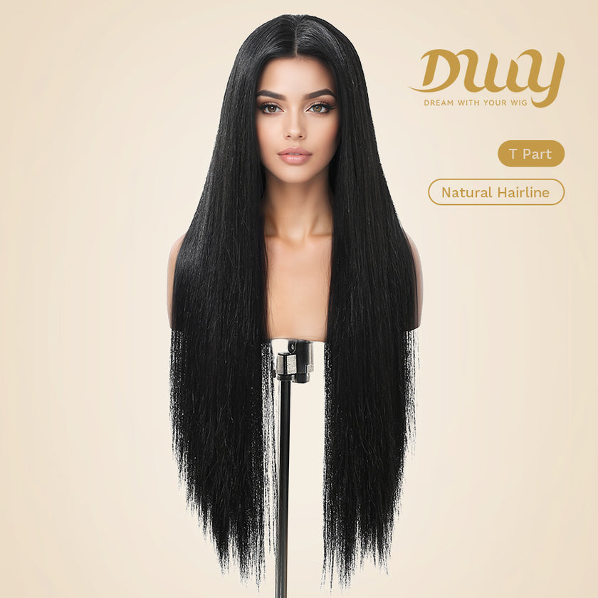 DWY 30-Inch Lace Front Wig - Silk Straight Natural Synthetic Wig with Middle Parting T-Part Design