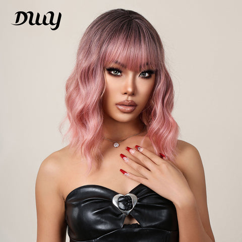 Ava-DWY Ombre Pink Curly Synthetic Wigs With Bangs