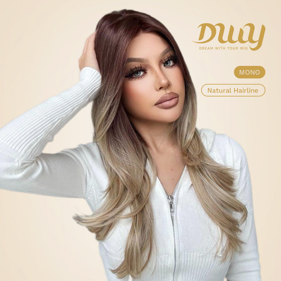 Sophia-DWY Mono Lace Front Ombre Brown Blonde Long Wavy Free Part Synthetic Wig