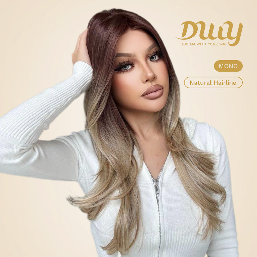 Sophia-DWY Mono Lace Front Ombre Brown Blonde Long Wavy Free Part Synthetic Wig