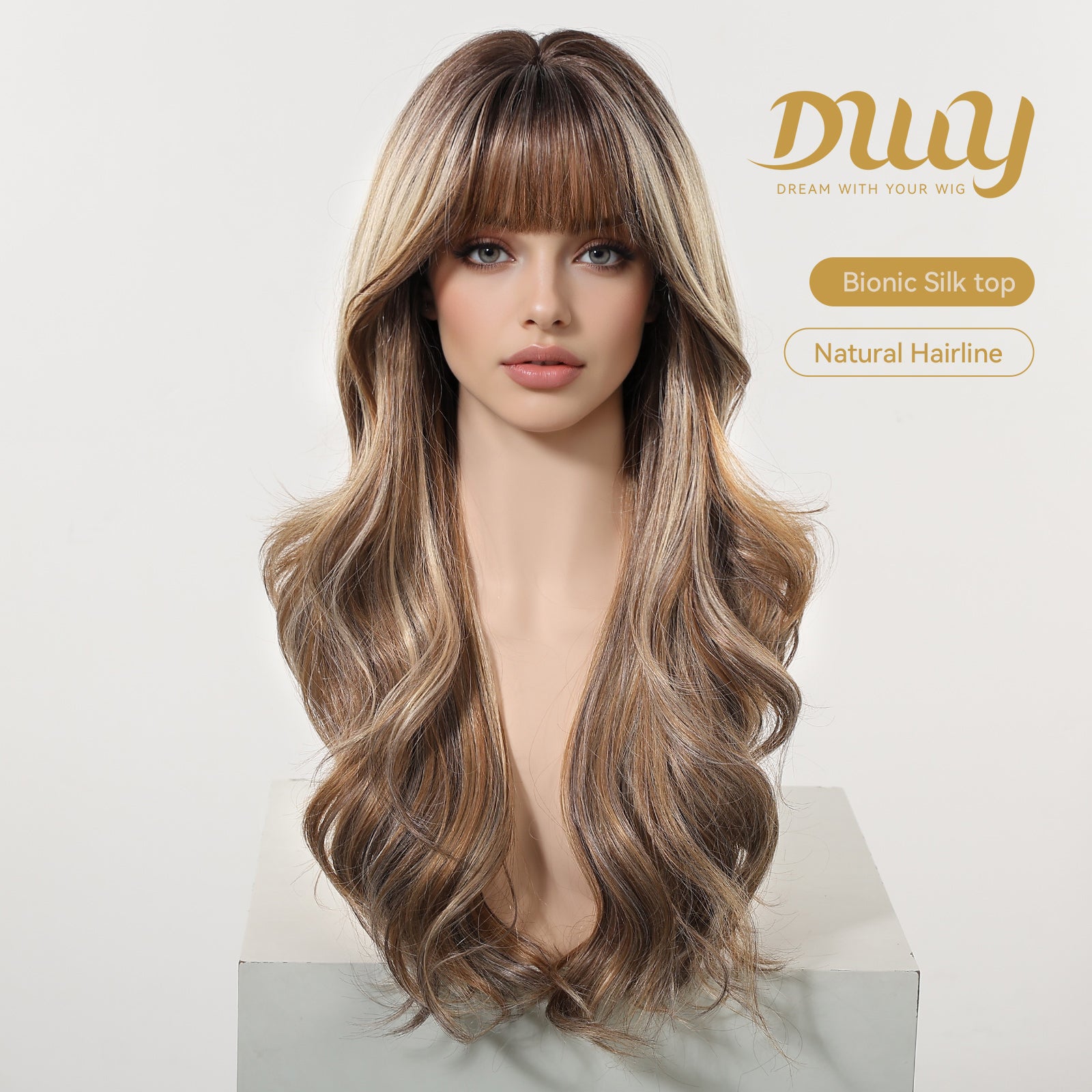 Kaci- New! DWY Bionic Silk Top 26-Inch Long Beachy Wave Honey Brown Balayage Glueless Synthetic Wig with Bangs for Women High-Quality Premium Fiber Easy Wear Comfortable Fit Summer Look