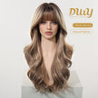 Kaci- New! DWY Bionic Silk Top 26-Inch Long Beachy Wave Honey Brown Balayage Glueless Synthetic Wig with Bangs for Women High-Quality Premium Fiber Easy Wear Comfortable Fit Summer Look