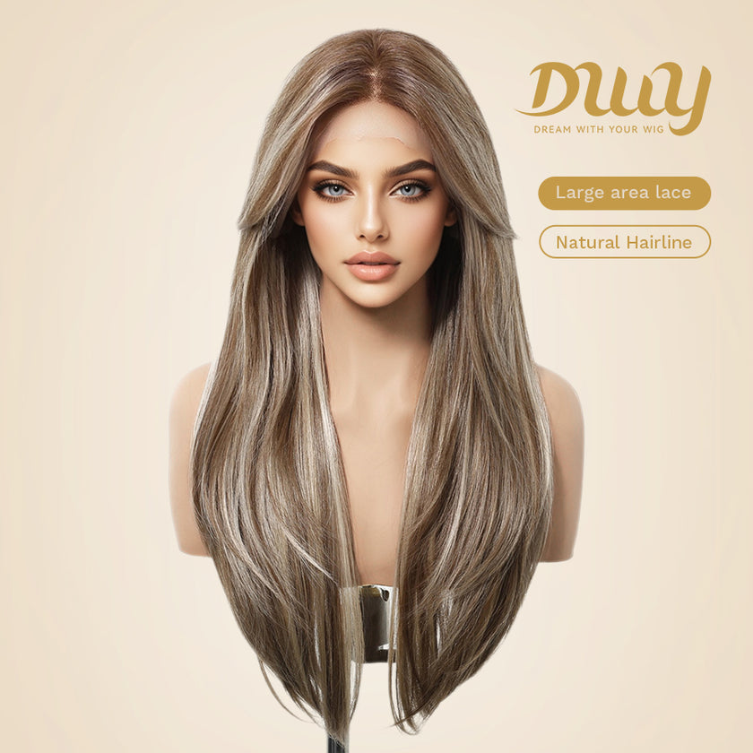 Ethel-DWY 13x6 Filter Lace Front Free Part Long Length Straight Brown with Highlights Glueless Synthetic Wig