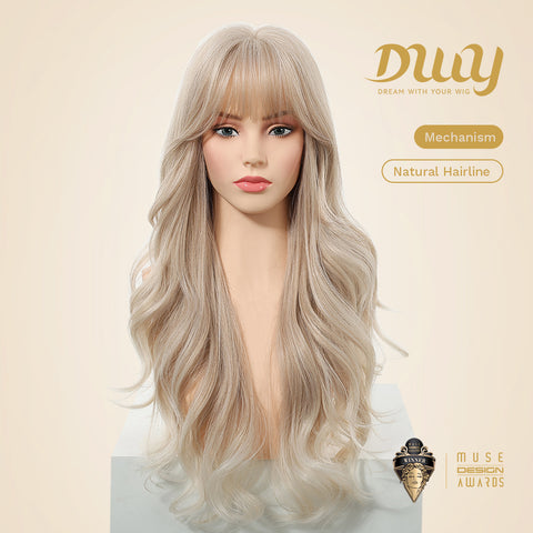 Ines-DWY Free Part Wavy Blonde Realistic Scalp Glueless Synthetic Wig