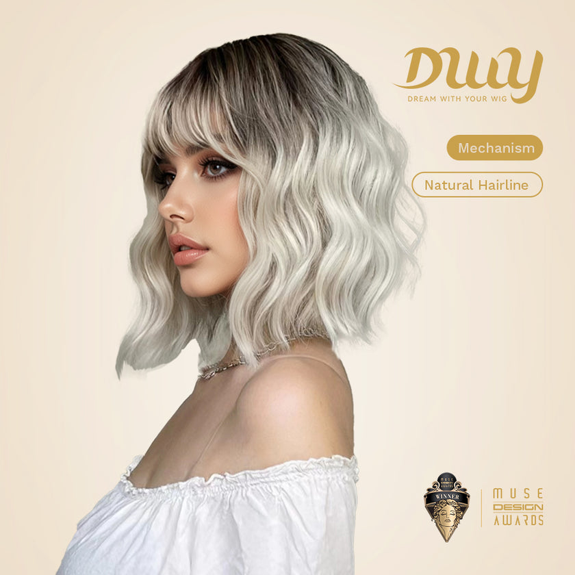 June-DWY Machine Made Short Wavy Hairstyle with Blunt Bangs Dark Root to Platinum Blonde Ombre Glueless Synthetic Wig for Women 12 Inches