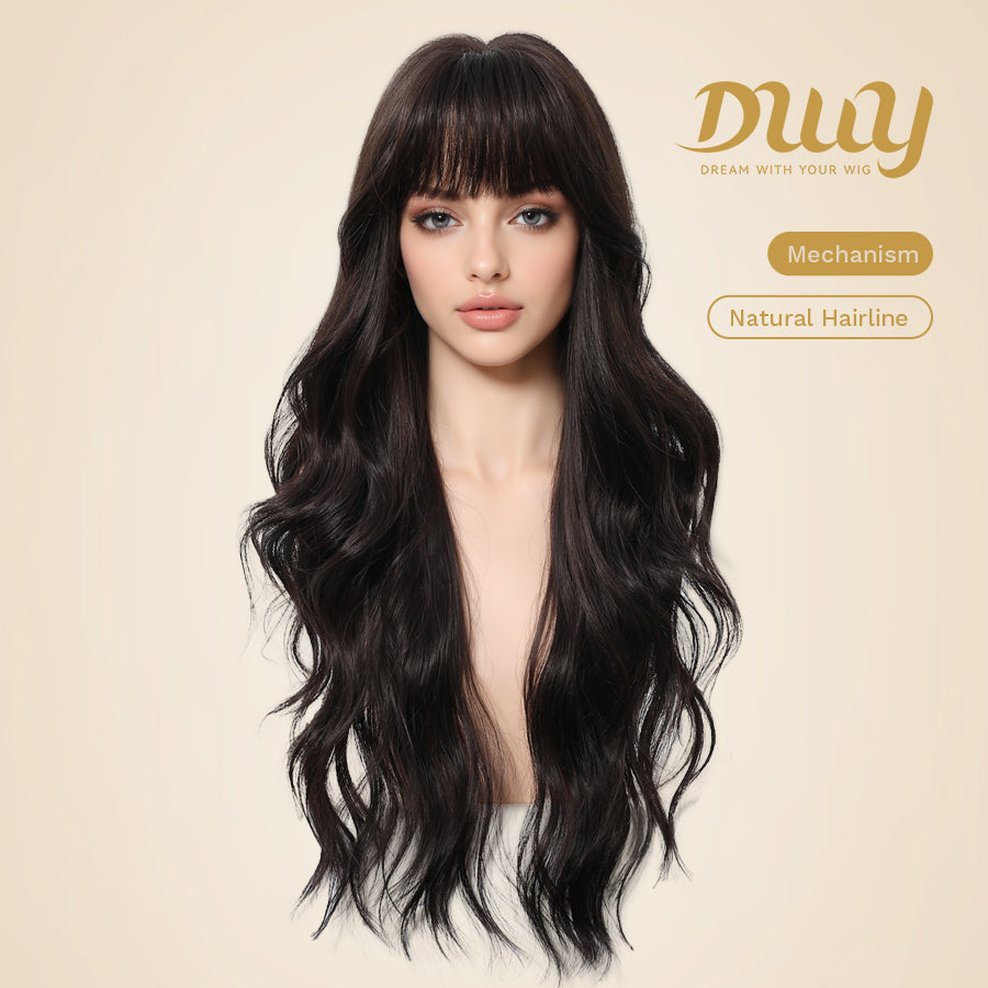 Noelle-DWY Free Part Machine Made Long Layer Wave Tea Black Glueless Synthetic Wig with Bangs for Women 26 Inches