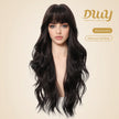 Noelle-DWY Free Part Machine Made Long Layer Wave Tea Black Glueless Synthetic Wig with Bangs for Women 26 Inches