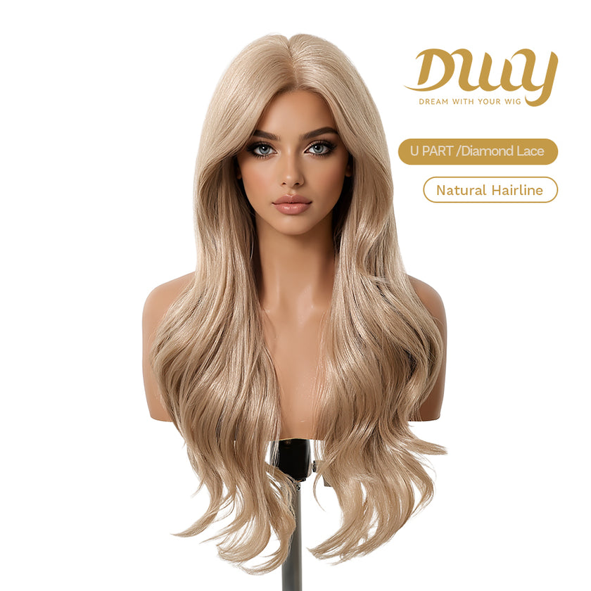 Marisol - DWY Pre-cut U part Diamond Lace Long-length Lace Milk Tea Blonde Curly Hair Glueless Synthetic Wigs for Women 26 Inch