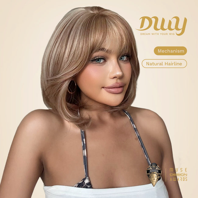 Cici-DWY MiraScalp Short-length Bob Hair Light Brown with Blonde Highlights Glueless Synthetic Wig