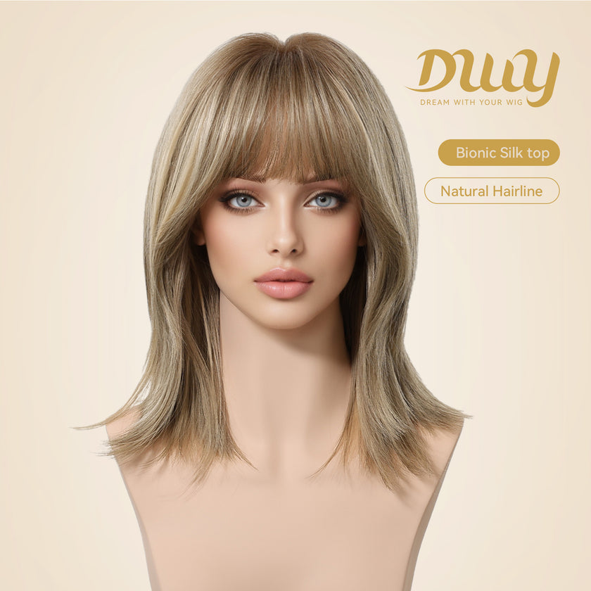 Faith C-DWY New Technology! Bionic Silk Top 14-Inch Long Wave Brown  Blonde Glueless Synthetic Wig