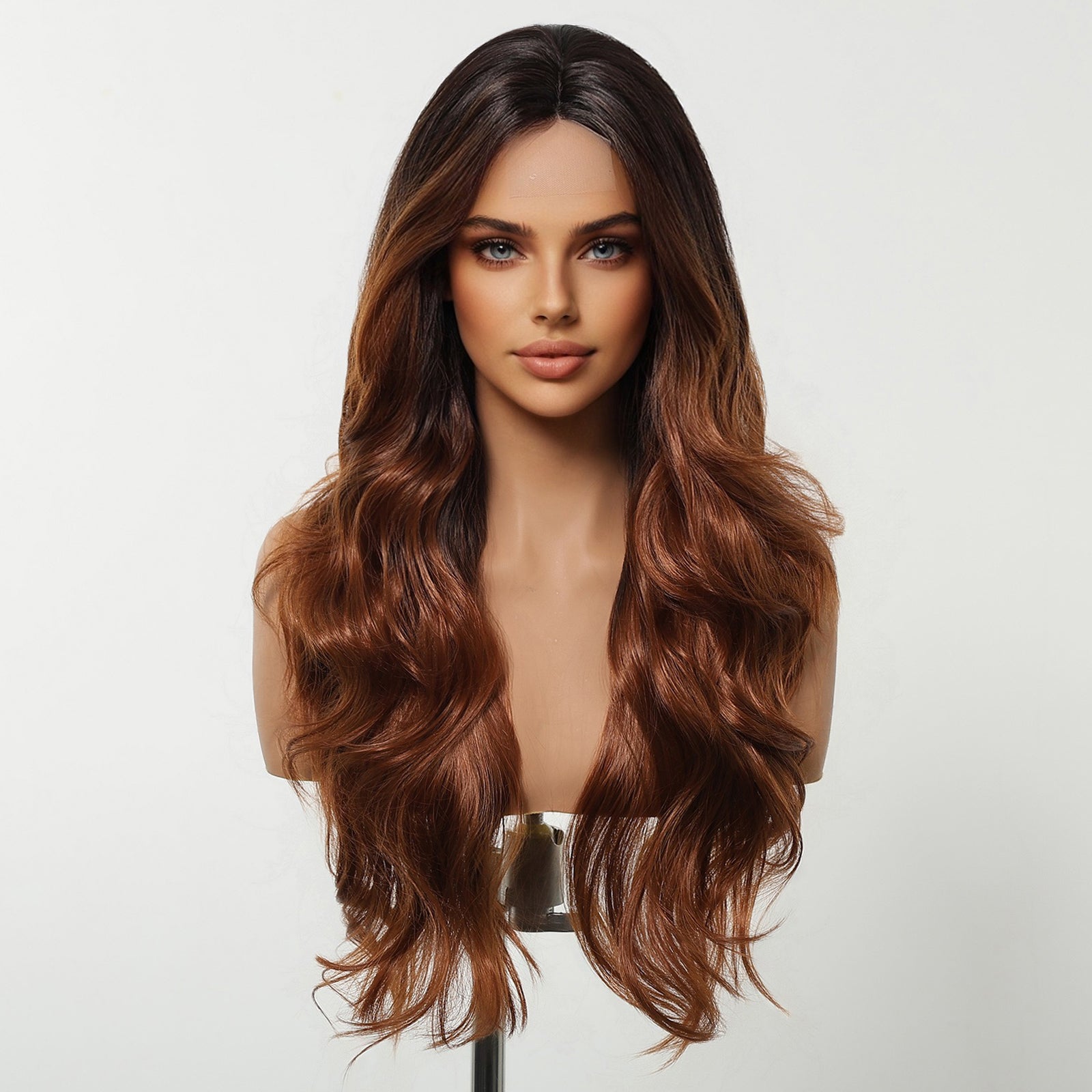 DWY Copper Brown Natural Wavy Synthetic Wig with Middle Parting