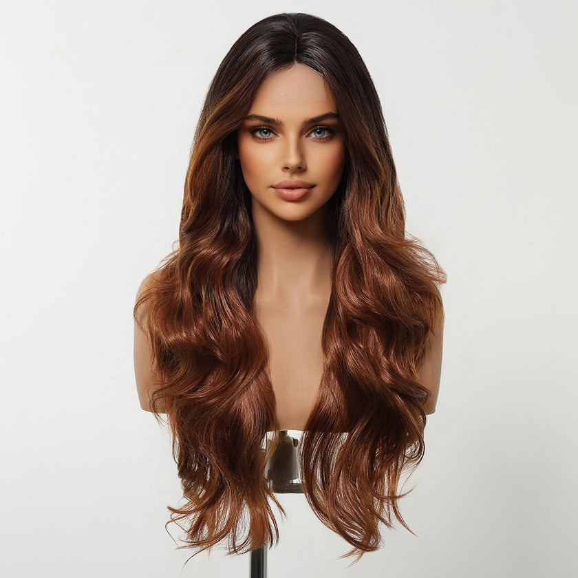 DWY Copper Brown Natural Wavy Synthetic Wig with Middle Parting